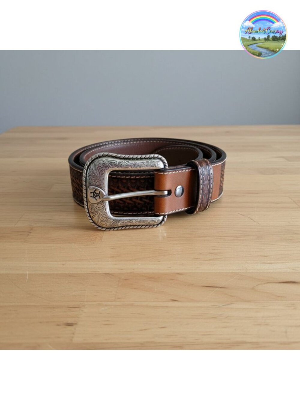 ARIAT Men's Stamped Basketweave Western Leather Belt Floral Conchos